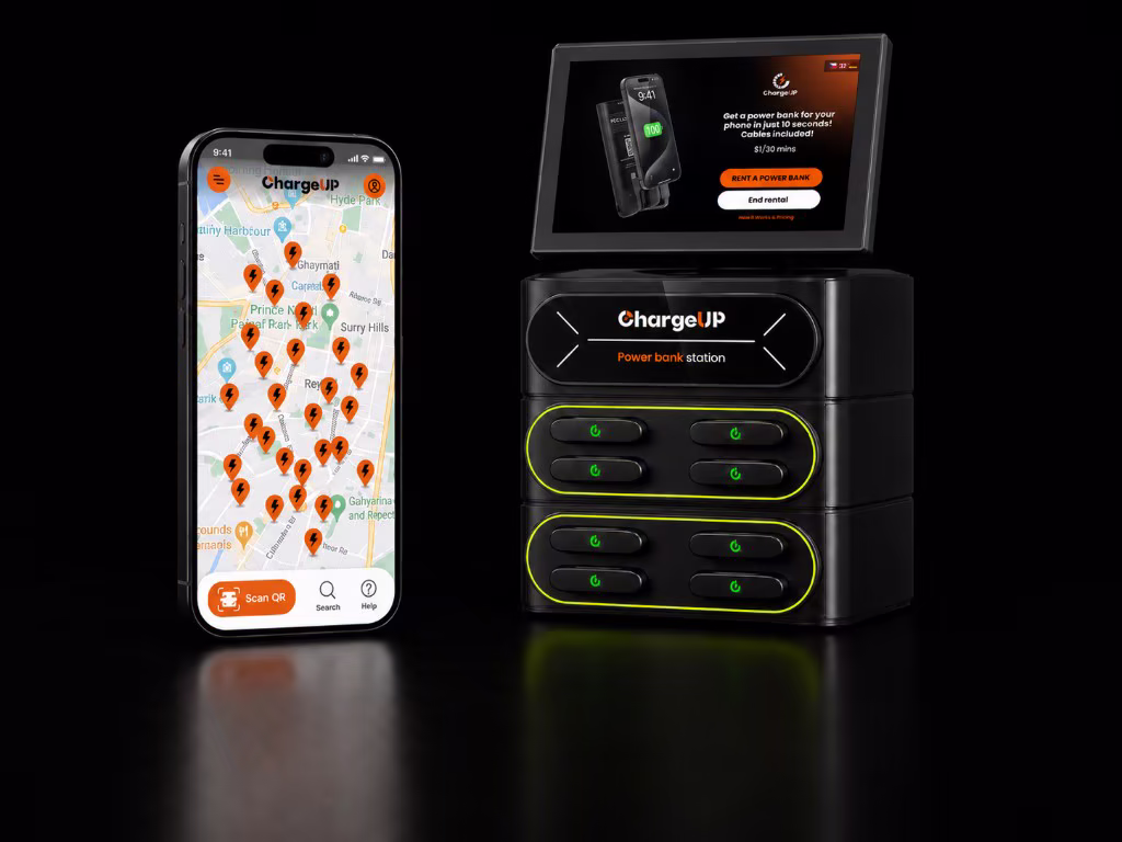 ChargeUP app map beside a charging station